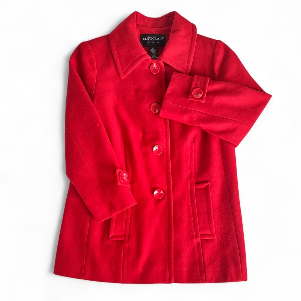 Centigrade Vibrant Red Wool-Blend Single Breasted Button-Up Pea Coat Size XS